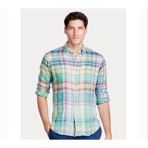 Ralph Lauren Multicolor Checkered Ocean Wash Linen Slim Fit Shirt Mens Large EUC